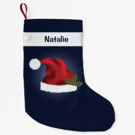 ブルーの背景にカスタムネーム入りレッドフェスティバルサンタハット スモールクリスマスストッキング