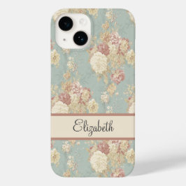 ブルーの背景にピンクと白のブッシュローズの名入れデザイン Case-Mate iPhone 14ケース