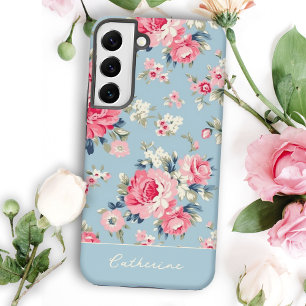 ブルーの背景にピンクのバラのカントリー風デザイン SAMSUNG GALAXY S22+ケース