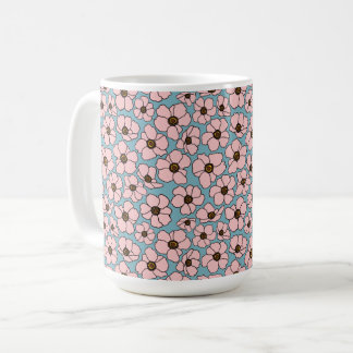 ブルーの背景にピンクの花 コーヒーマグカップ