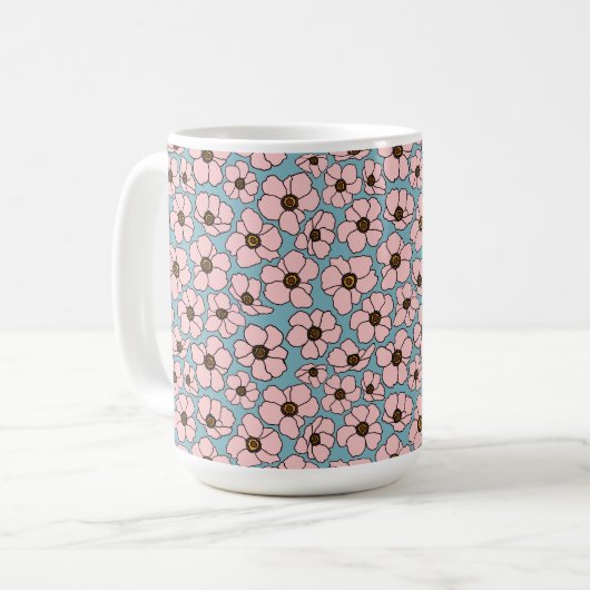 ブルーの背景にピンクの花 コーヒーマグカップ (正面左)