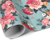 ブルーの背景にヴィンテージのバラと花 ラッピングペーパー (ロールコーナー)