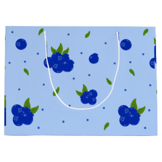 ブルーの背景に可愛らしいブルーベリーの植物画 ラージペーパーバッグ