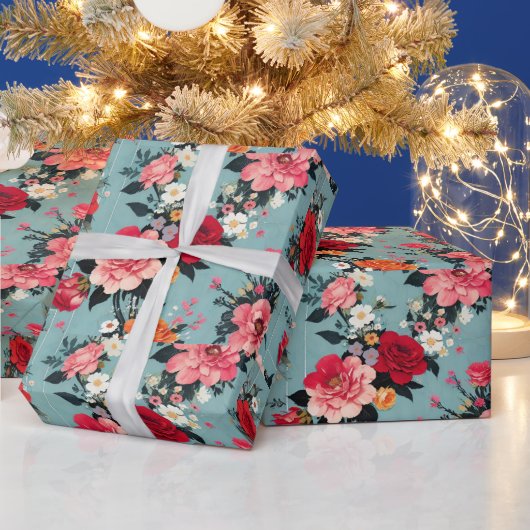 ブルーの背景に施されたヴィンテージのバラと花 ラッピングペーパー (クリスマス)