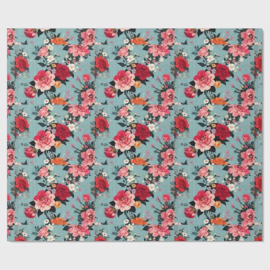ブルーの背景に施されたヴィンテージのバラと花 ラッピングペーパー (フラット)