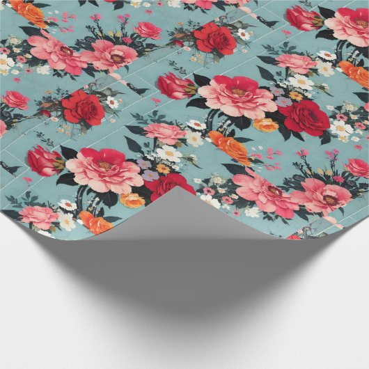 ブルーの背景に施されたヴィンテージのバラと花 ラッピングペーパー (角)