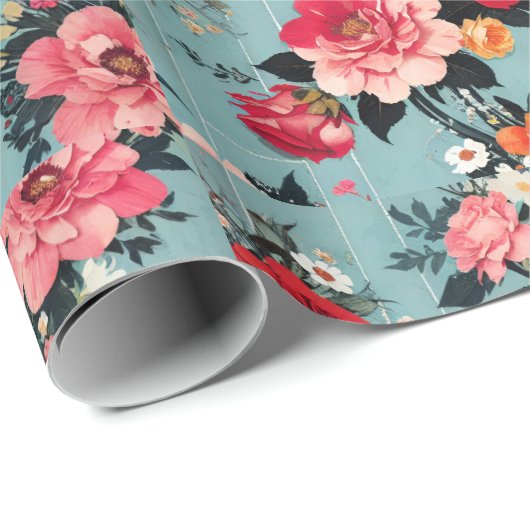 ブルーの背景に施されたヴィンテージのバラと花 ラッピングペーパー (ロールコーナー)