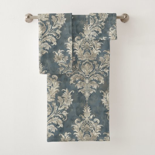 ブルーの背景に豪華なシルバーのダマスク バスタオルセット (インサイチュ)