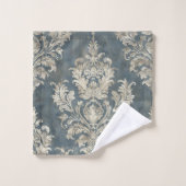 ブルーの背景に豪華なシルバーのダマスク バスタオルセット (ウォッシュタオル)