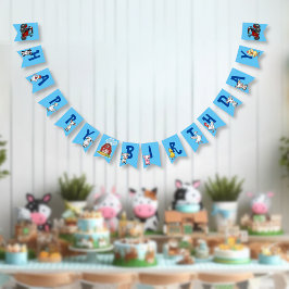 ブルーの背景のカントリー牧場の動物 誕生日 バンティングフラッグ