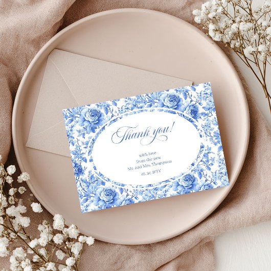 ブルーの花がエレガントな結婚式の御礼カード サンキューカード
