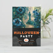 ブルーの花が幻想的なハロウィンの墓地 招待状 (スタンド正面)