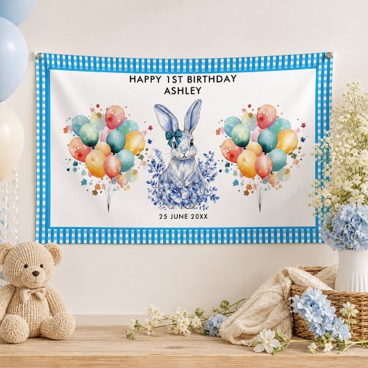 ブルーの花とウサギの1歳の誕生日お祝いに 横断幕