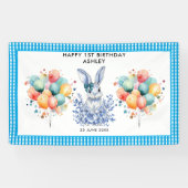 ブルーの花とウサギの1歳の誕生日お祝いに 横断幕 (横)