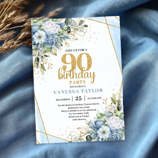 ブルーの花とゴールドのラメで飾る90歳の誕生日お祝い 招待状