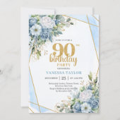 ブルーの花とゴールドのラメで飾る90歳の誕生日お祝い 招待状 (正面)