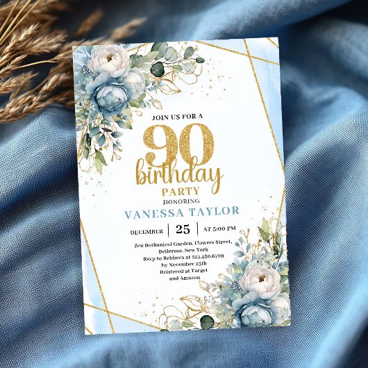 ブルーの花とゴールドの縁取り 90歳の誕生日招待状 招待状