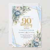 ブルーの花とゴールドの縁取り 90歳の誕生日招待状 招待状 (正面)