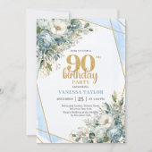 ブルーの花とゴールドの輝き 90歳の誕生日招待状カード 招待状 (正面)