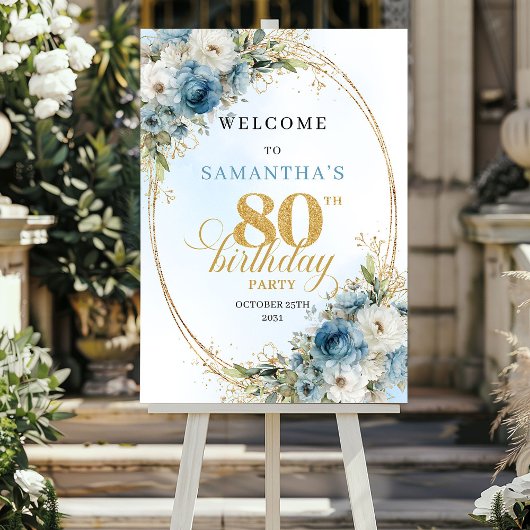 ブルーの花とゴールドフレームのボヘミアンな80歳の誕生日 ポスター