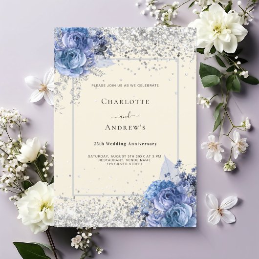 ブルーの花とシルバーの25周年記念結婚式 招待状