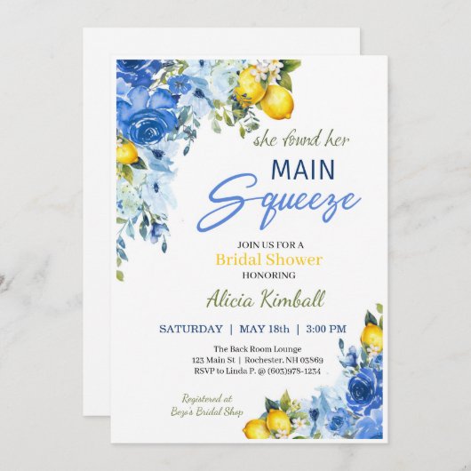 ブルーの花とレモンのウェディングシャワー招待状 招待状 (正面/裏面)