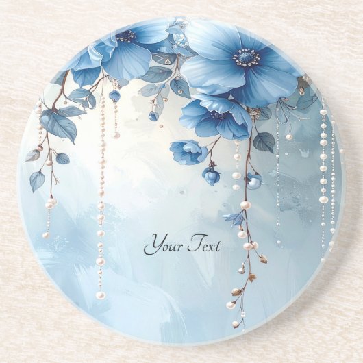 ブルーの花と真珠のサンドストーン コースター (正面)