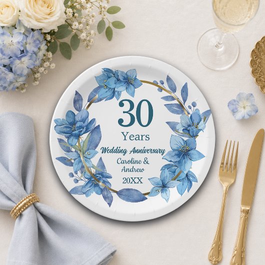 ブルーの花と真珠の30周年記念結婚記念日 ペーパープレート