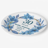ブルーの花と真珠の30周年記念結婚記念日 ペーパープレート (アングル)