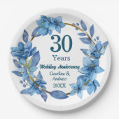 ブルーの花と真珠の30周年記念結婚記念日 ペーパープレート (正面)