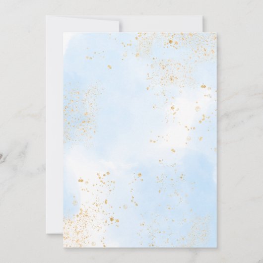 ブルーの花と緑の葉に囲まれた小さなかぼちゃのベイビーシャワー 招待状 (裏面)