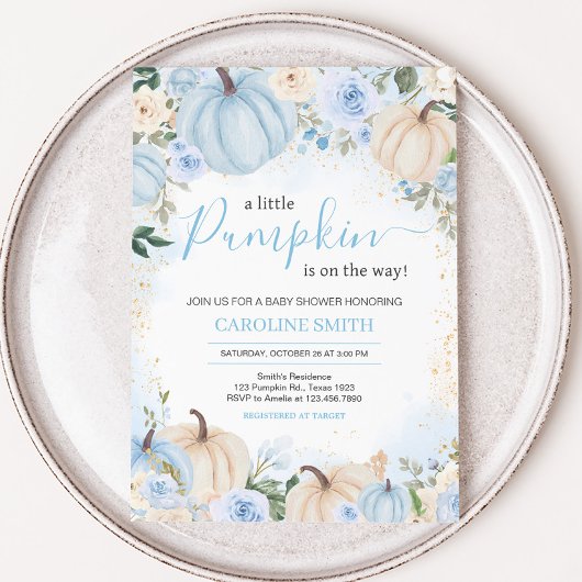 ブルーの花と緑の葉の小さなかぼちゃのベイビーシャワー 招待状