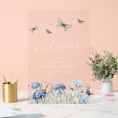 ブルーの花と蝶のウェルカムボード ブライダルシャワー アクリルサイン (ウェディング)