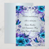 ブルーの花と蝶のレセプションカード 招待状 (正面/裏面)