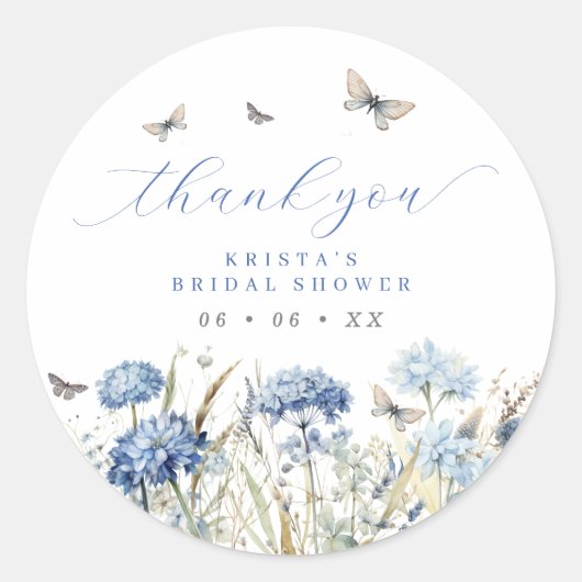 ブルーの花と蝶の感謝の気持ちを込めたウェディングシャワーのお礼 ラウンドシール (正面)