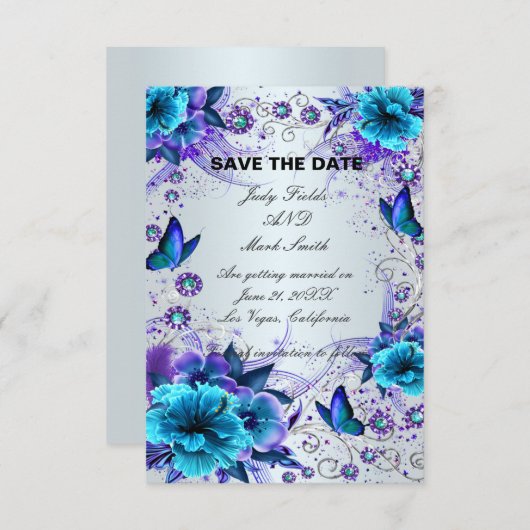 ブルーの花と蝶のSave the Dateカード セーブザデート (正面/裏面)
