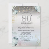 ブルーの花と蝶 銀色の80歳の誕生日 招待状 (正面)