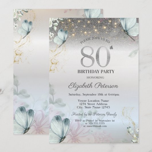 ブルーの花と蝶 銀色の80歳の誕生日 招待状 (正面/裏面)