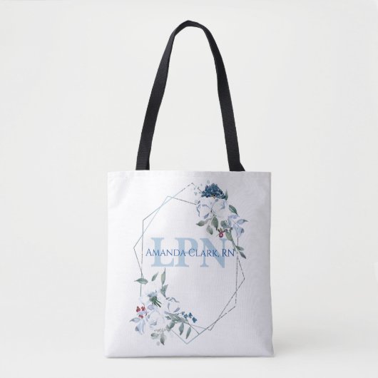 ブルーの花のイニシャルモノグラム トートバッグ (正面)