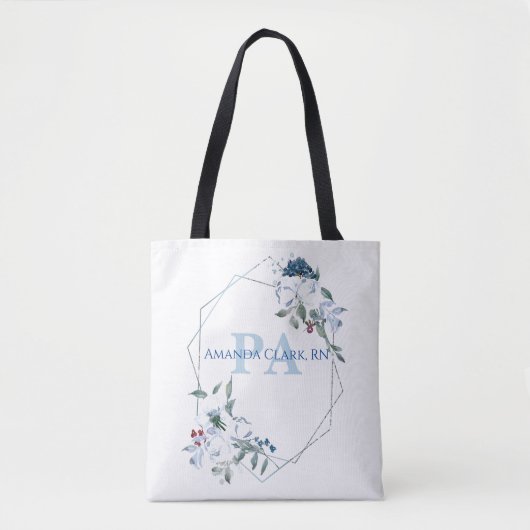ブルーの花のイニシャルPのモノグラム トートバッグ (正面)