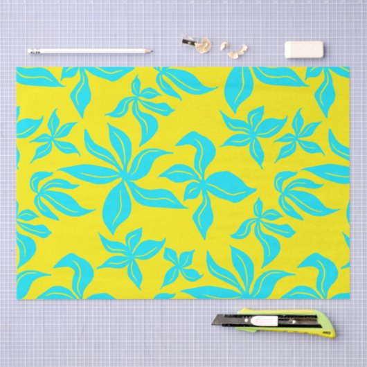 ブルーの花のイラストパターン 薄葉紙 (クラフト)
