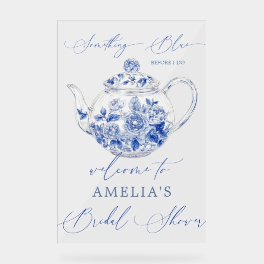 ブルーの花のウェディングシャワーの歓迎看板 アクリルサイン (正面)