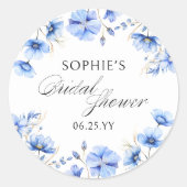ブルーの花のカリグラフィーブライダルシャワー ラウンドシール (正面)