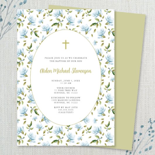 ブルーの花のグランドミレニアル洗礼招待状 招待状