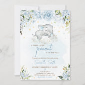 ブルーの花のゾウのベビーシャワー 招待状 (正面)