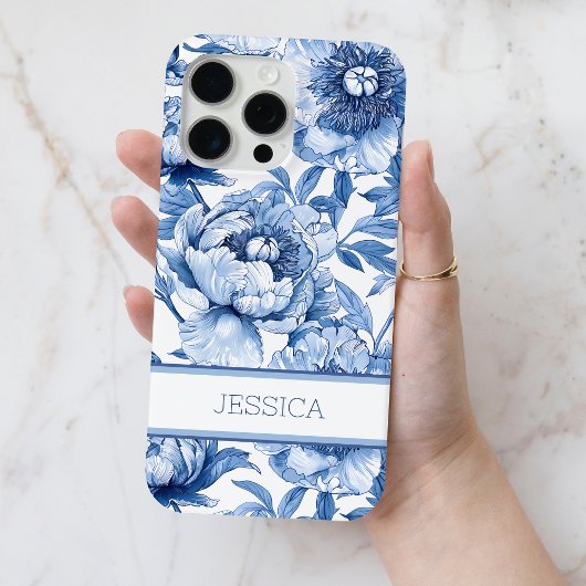ブルーの花のチヌアズリー柄フラワーズ 名前入り Case-Mate iPhoneケース