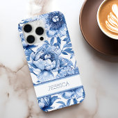 ブルーの花のチヌアズリー柄フラワーズ 名前入り Case-Mate iPhoneケース