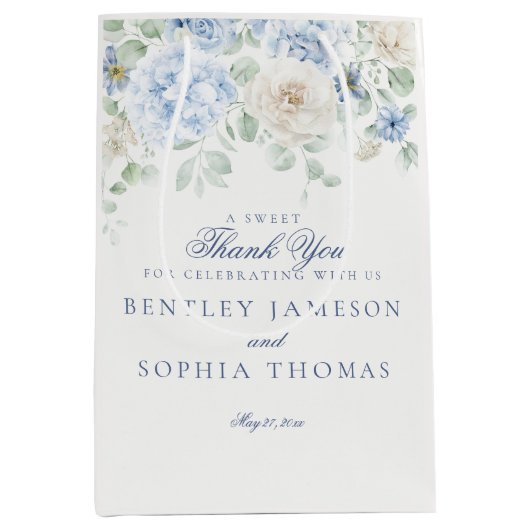 ブルーの花のハイドランジア ウェディングギフト ミディアムペーパーバッグ (正面)