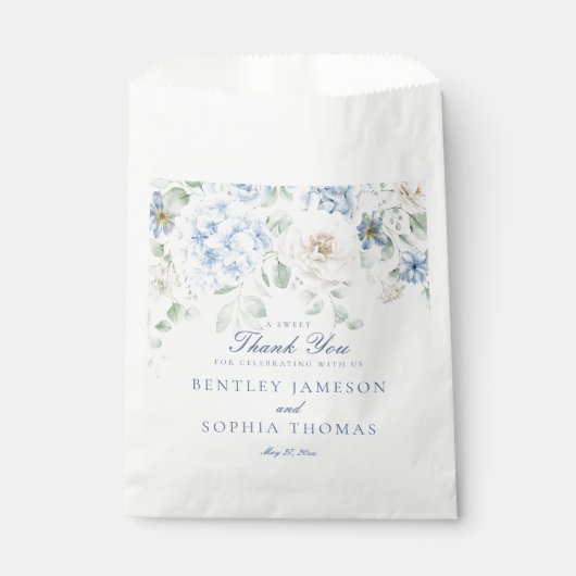 ブルーの花のハイドランジア ウェディングスイーツ フェイバーバッグ (正面)