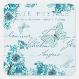 ブルーの花のフランス風フラワーヴィンテージステッカー スクエアシール